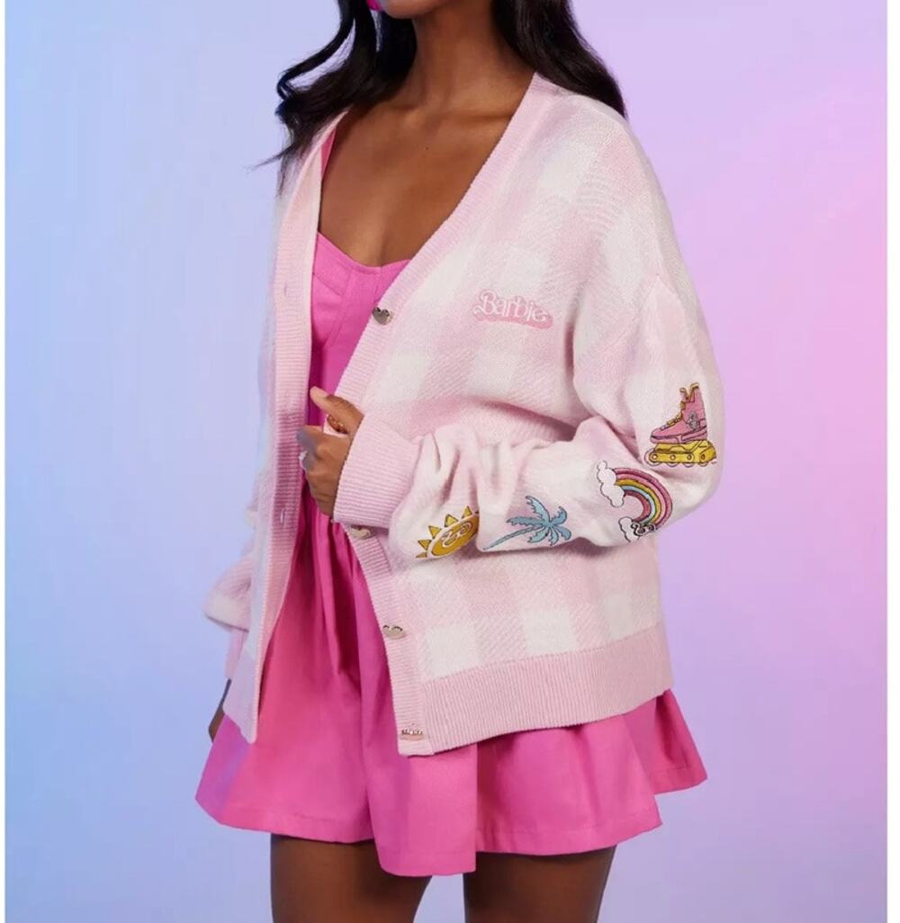 Barbie The Movie Pink Cardigan XS Heart Buttons Graphic Sleeve Sweater